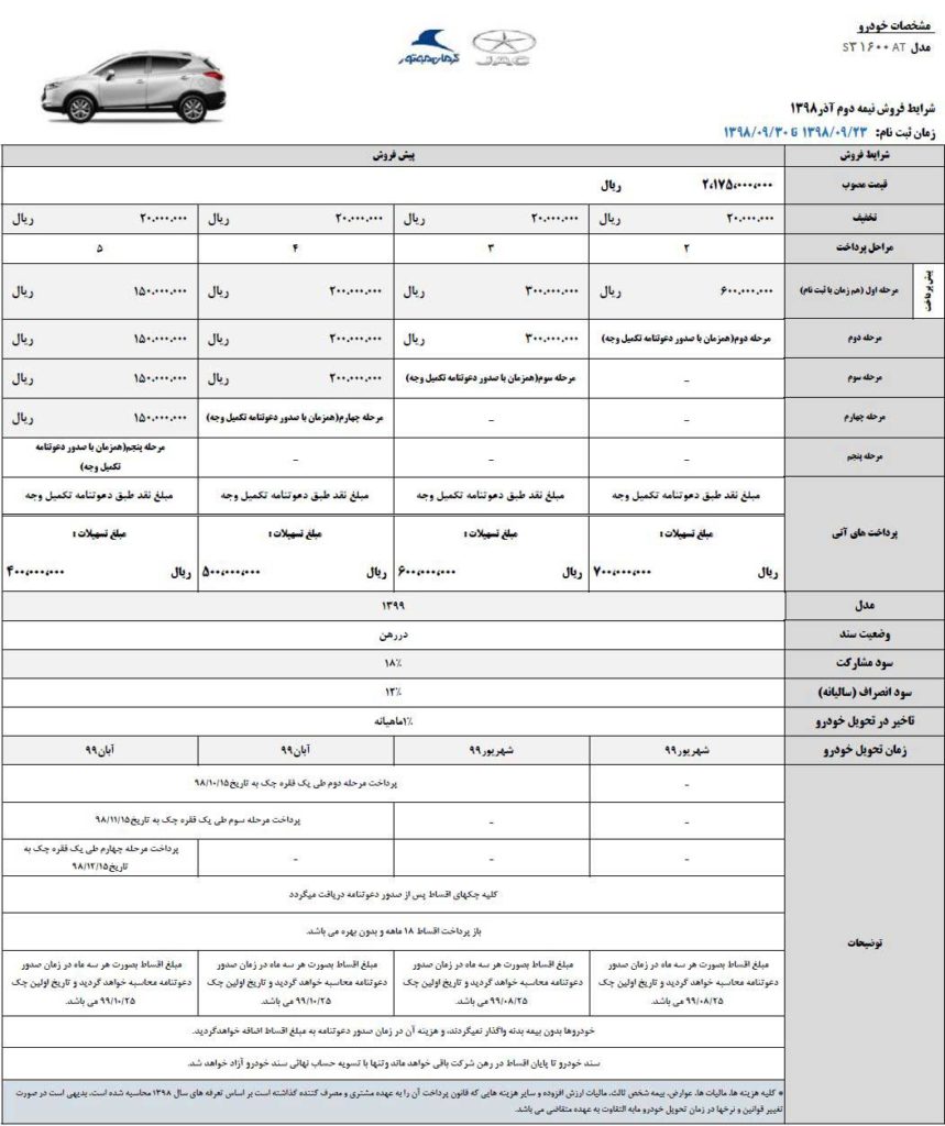 شرایط فروش جک آذر ۹۸