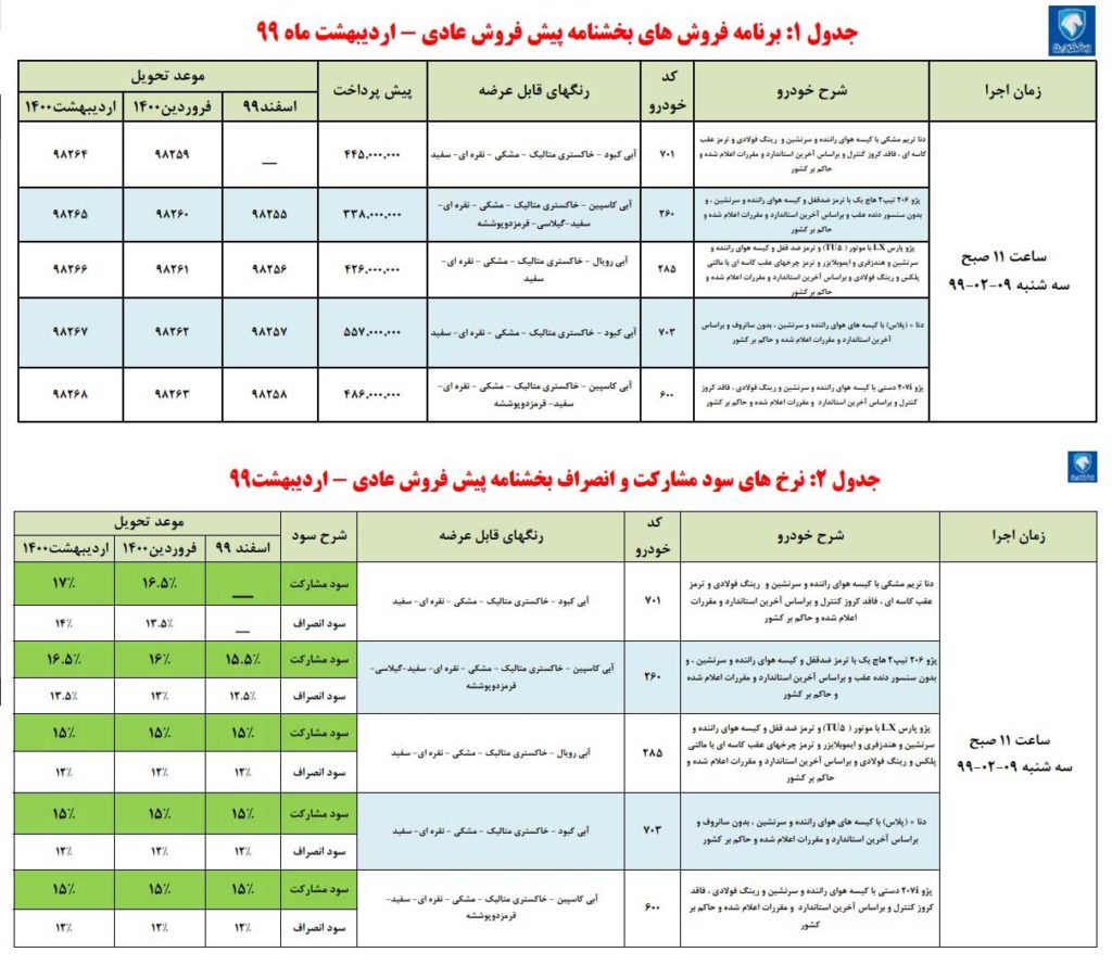 پیش فروش ایران خودرو سه شنبه ۹ اردیبهشت ۹۹