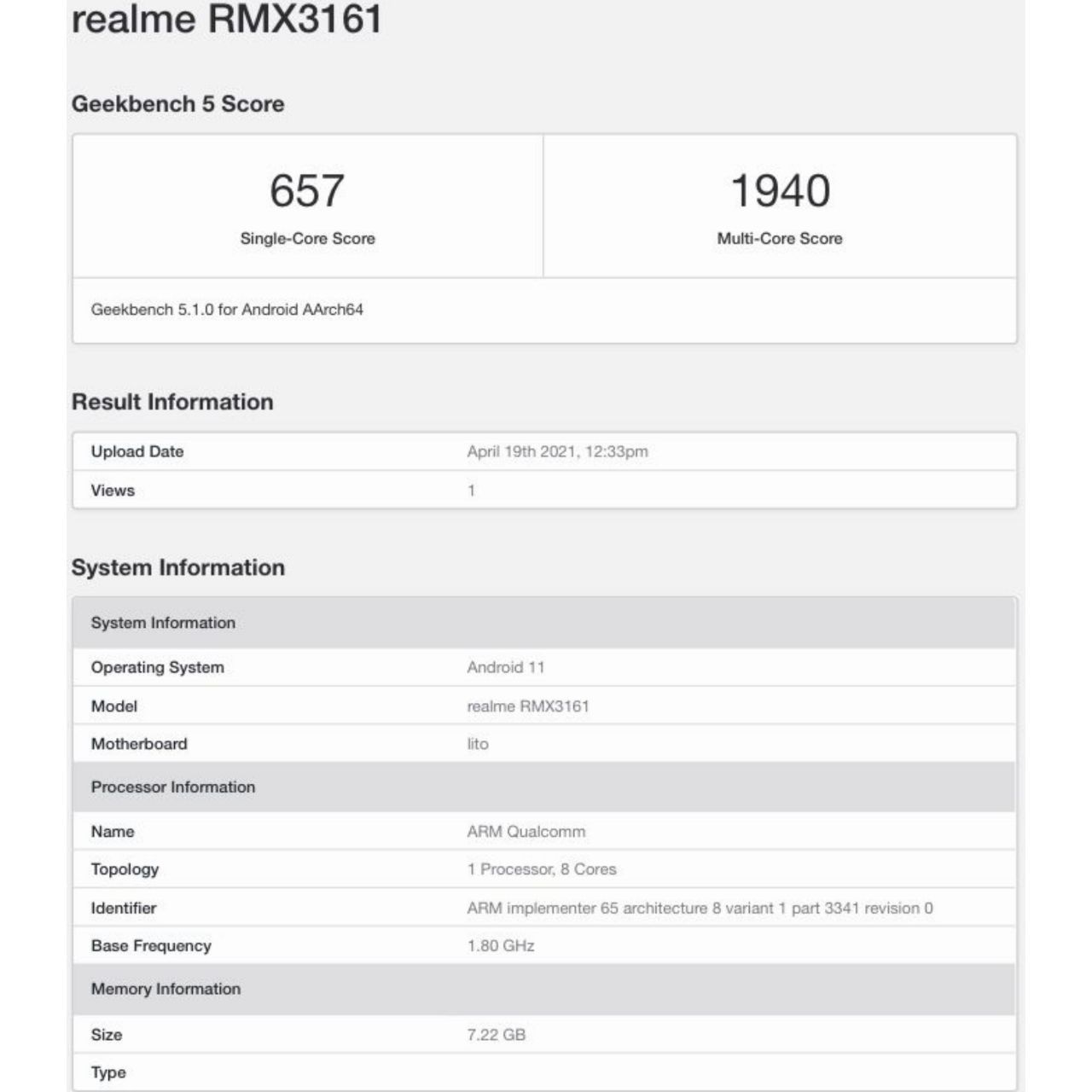 گیک بنچ Realme 8 Pro 5G 