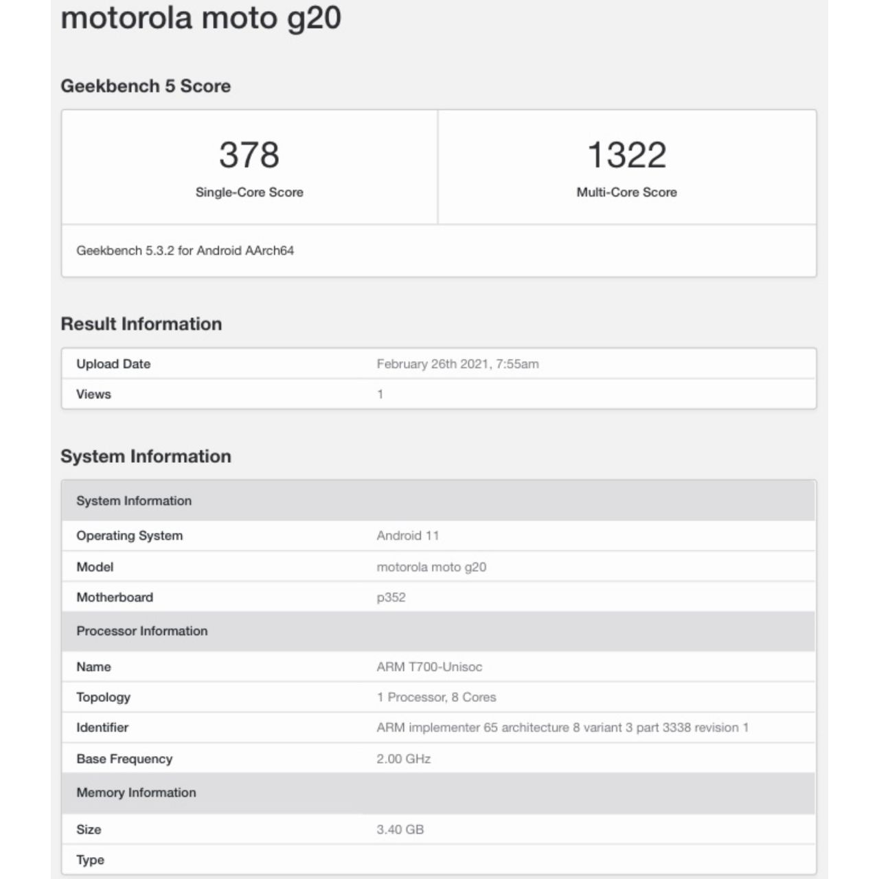 گیک‌بنچ Moto G20 