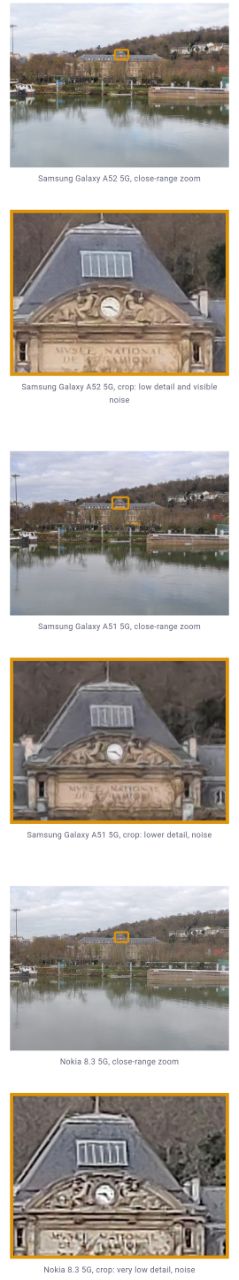 مقایسه تصاویر ثبت شده به وسیله دوربین اصلی گلکسی ای ۵٢ ۵ جی، گلکسی ای ۵١ ۵ جی و نوکیا ٨.۳ ۵ جی