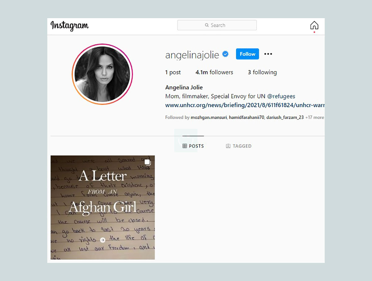 آنجلینا جولی به اینستاگرام پیوست و اولین پست وی در حمایت از افغانستان است