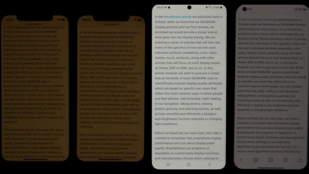 به ترتیب از چپ به راست: مقایسه تصویر نمایش داده شده بر روی آیفون ١٢ با آیفون ١٢ پرو، گلکسی اس ٢١ اولترا نسخه اگزینوس و شیائومی Mi 11