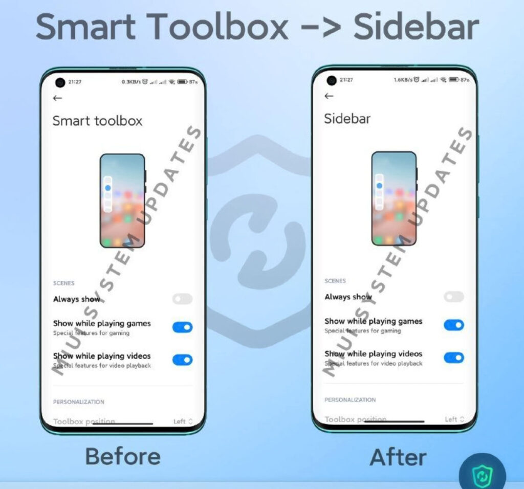 تغییر نام قابلیت Smart toolbox رابط کاربری MIUI به Sidebar