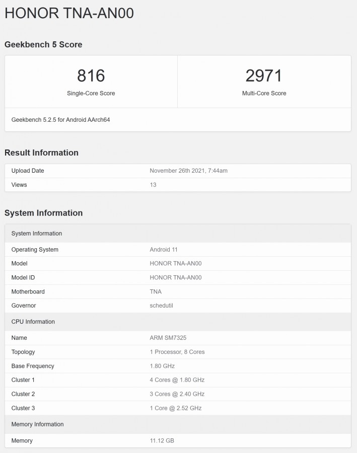 Honor 60 GeekBench