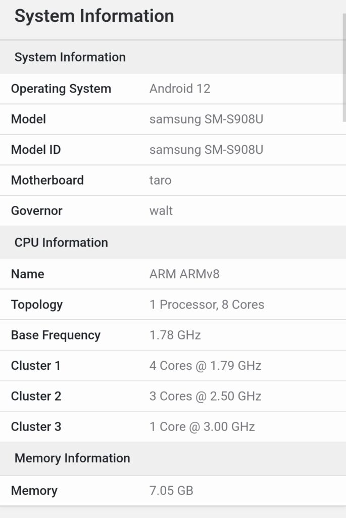 گلکسی اس ۲۲ اولترا با ۸ گیگابایت رم در بنچمارک Geekbench