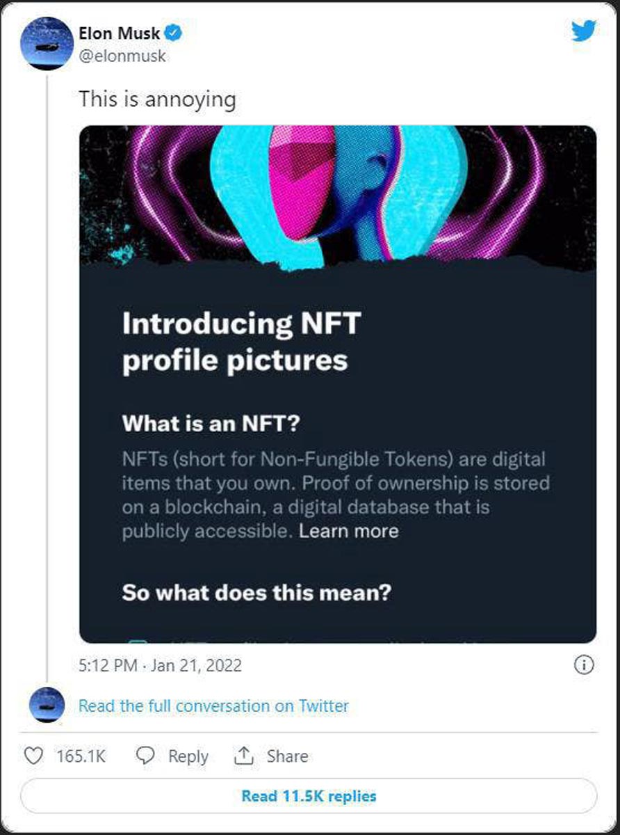 انتقاد ایلان ماسک از ویژگی آواتار NFT توئیتر