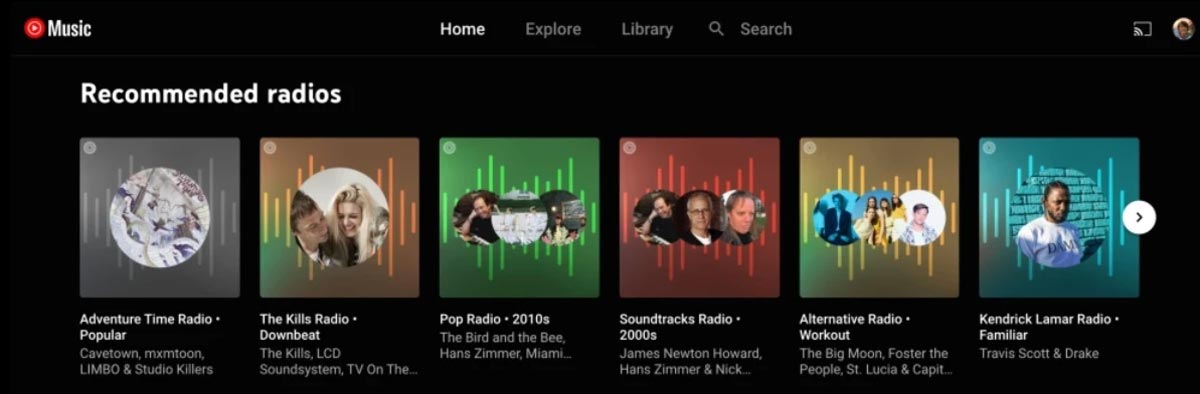ویژگی Recommended radios در YouTube Music