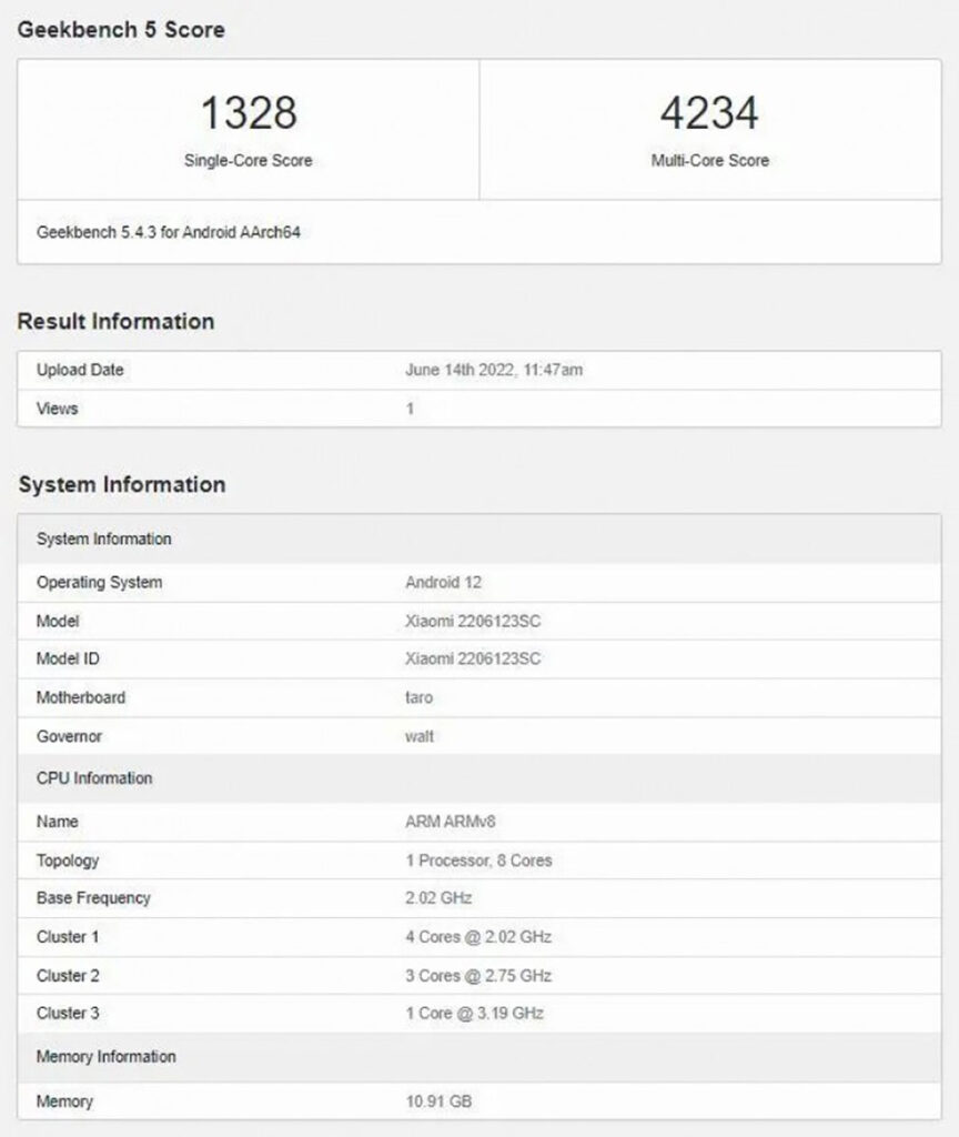 بنچمارک GeekBench گوشی Xiaomi 12s