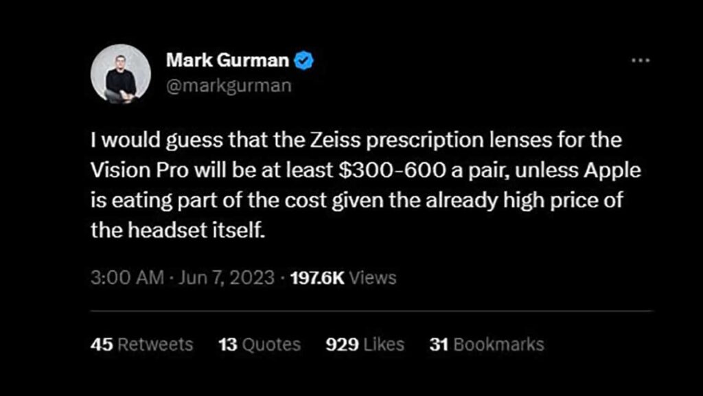 توییت مارک گورمن درباره هزینه خرید لنز برای هدست اپل ویژن پرو