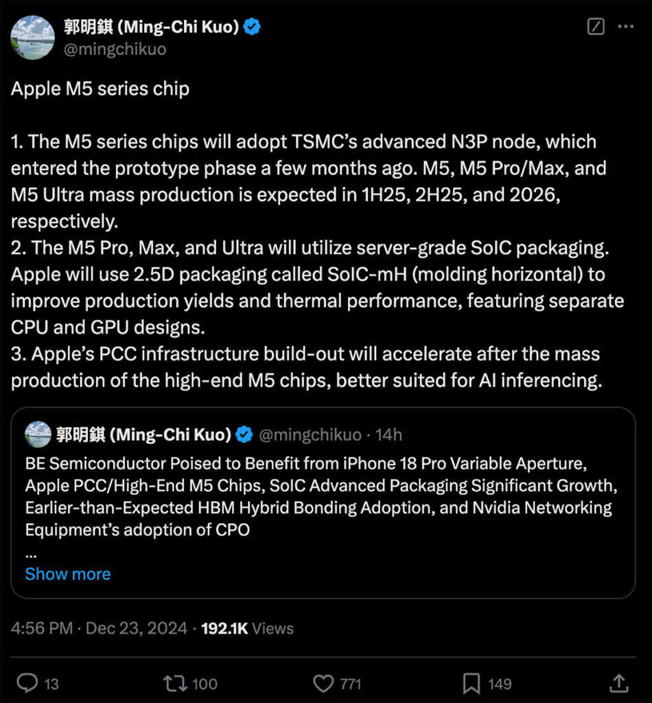 Mingchiko در مورد چیپست Apple M5 گزارش می دهد