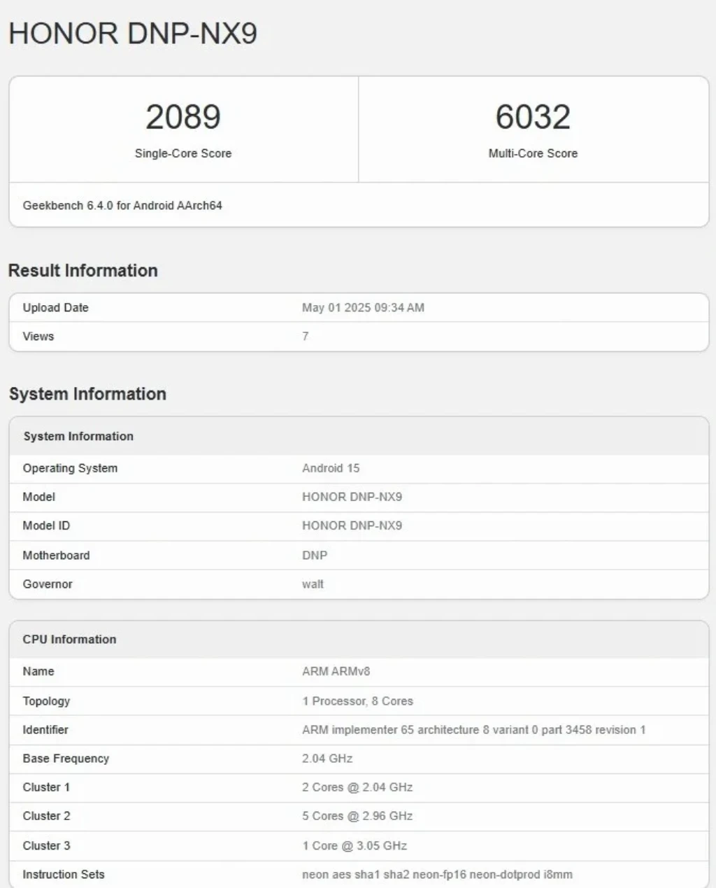 مشخصات کلیدی آنر ۴۰۰ پرو در بنچمارک Geekbench مشاهده شد