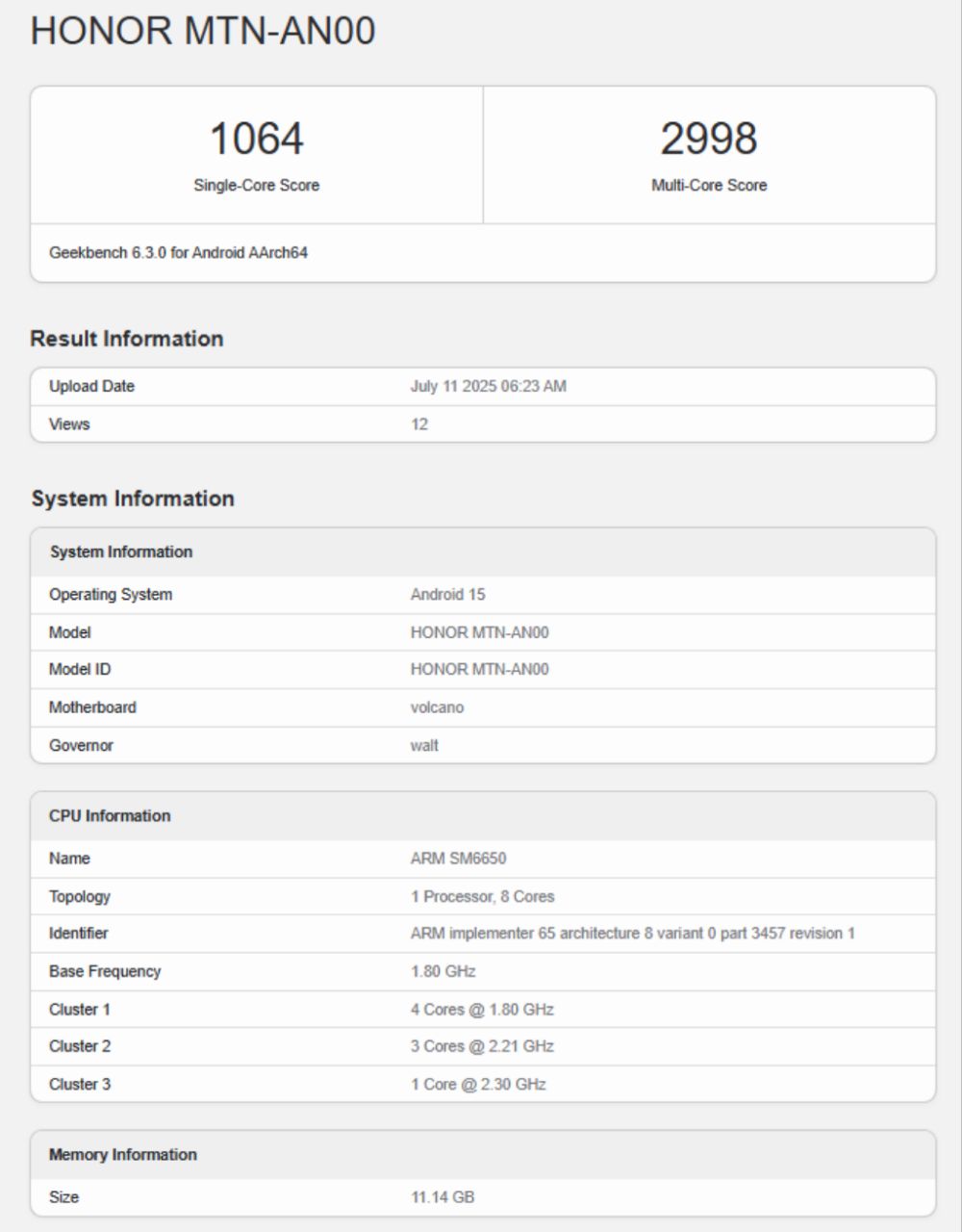 آنر X70 با تراشه اسنپدراگون ۶ نسل ۴ و ۱۲ گیگابایت رم در بنچمارک Geekbench رویت شد