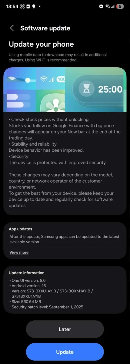 اولین به روزرسانی Galaxy S25 Fe