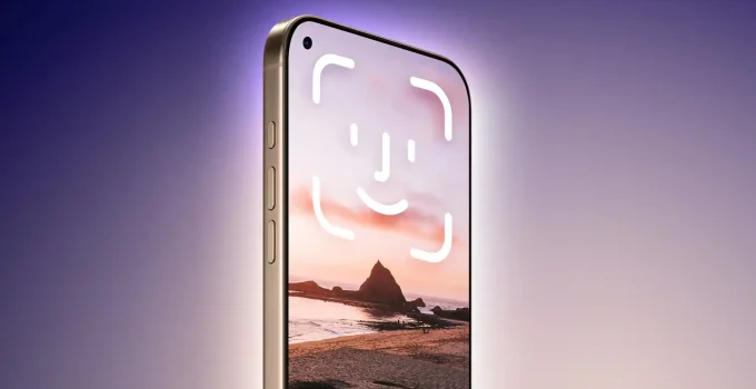 تصویر احتمالی از نمای جلویی آیفون ۱۸ پرو با سوراخ نمایشگر کوچک برای دوربین سلفی و سیستم تشخیص چهره Face ID زیر نمایشگر