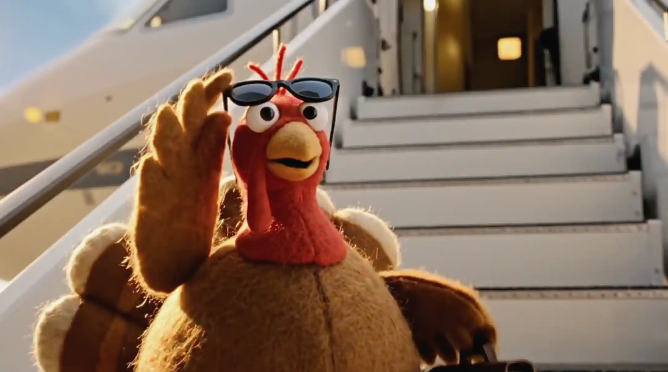 تصویر کارتونی از یک بوقلمون اسباببازی که با گوشی هوشمند در حال جستجو برای فرار از مزرعه است، صحنهای از اولین تبلیغ گوگل با هوش مصنوعی.