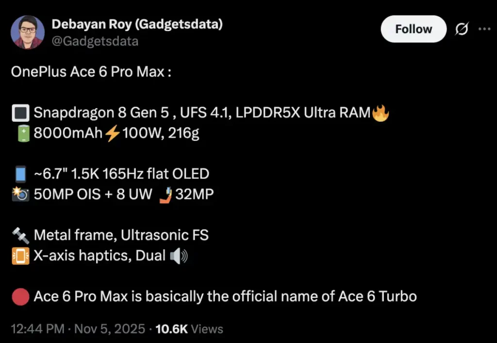 مشخصات احتمالی وان پلاس Ace 6 Pro Max