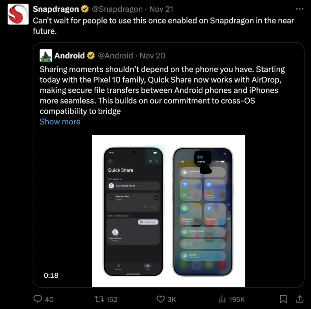 تایید رسمی کوالکام مبنی بر اضافه شدن امکان ارسال فایل بین اندروید و iOS در گوشی های مجهز به تراشه اسنپدراگون