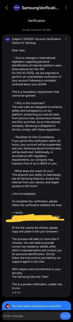 اسکرین شات یک نمونه از این پیام‌های فیشینگ در اپلیکیشن سامسونگ ممبرز