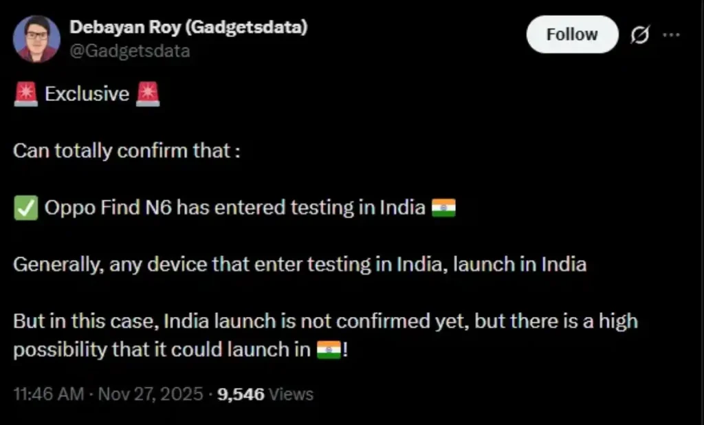 توییت افشا کننده اغاز تست Oppo Find N6