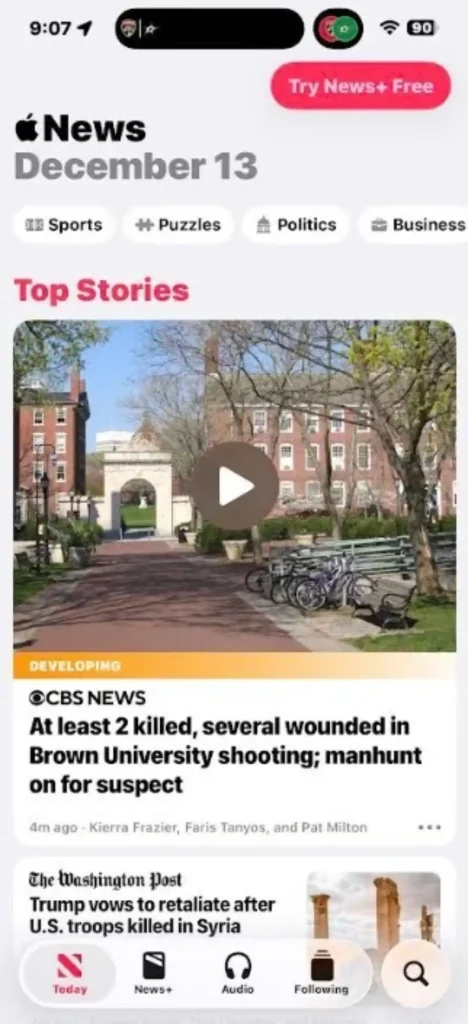 نمایش میانبرهای موضوعی در بالای برنامه Apple News