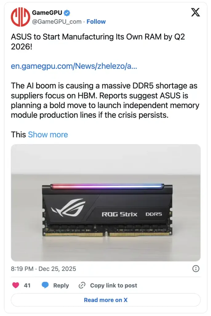 توییت GameGPU که نشان‌دهنده ماژول رم با برند ROG Strix و خبر تولید در سال 2026 است