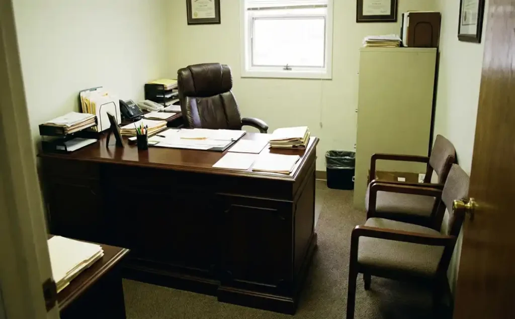 چیدمان نامناسب دفتر کار با میز بزرگ در فضای اداری کوچک