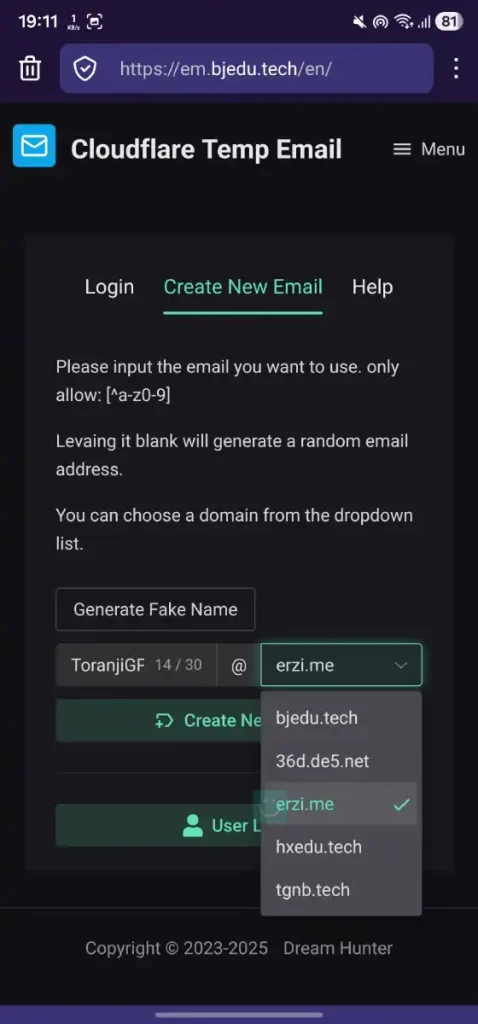 ساخت ایمیل موقت با دامنه erzi.me@