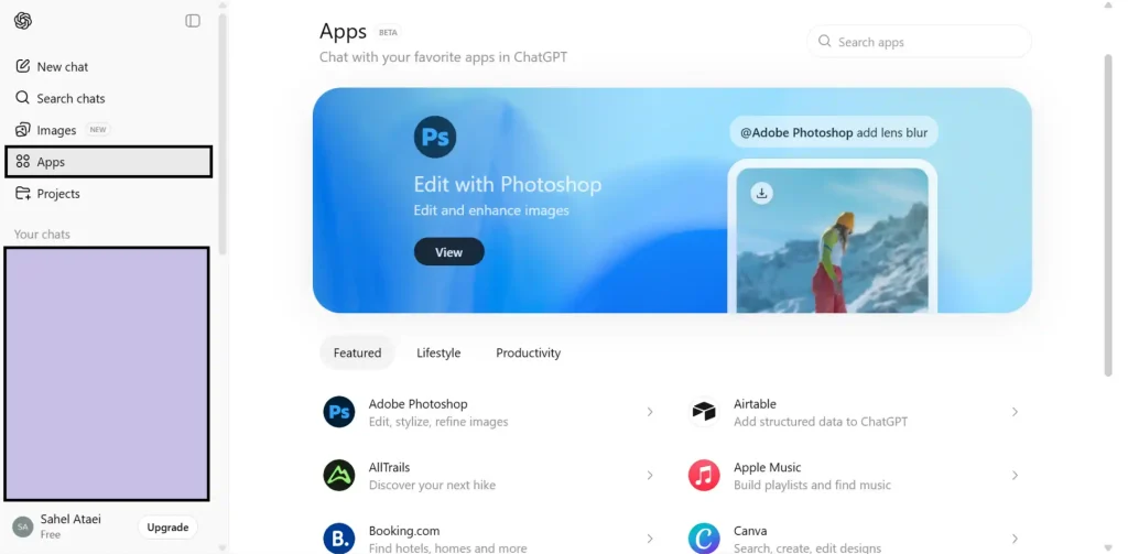 دسترسی آسان به بخش Apps از طریق نوار کناری برای مشاهده و اتصال سرویسها