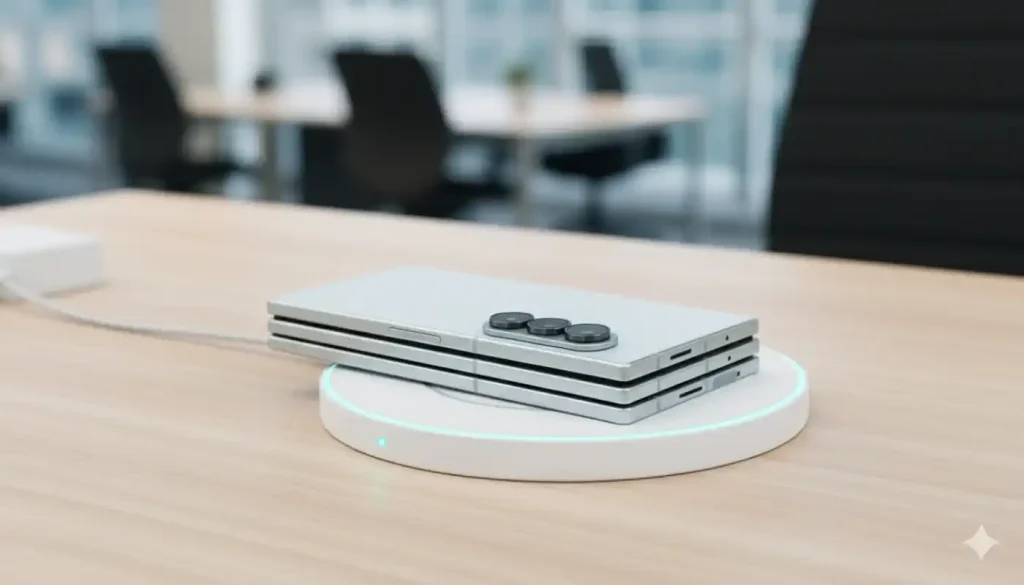 طرح مفهومی شارژ بی‌سیم گوشی سه تکه گلکسی Z TriFold سامسونگ روی پد شارژ