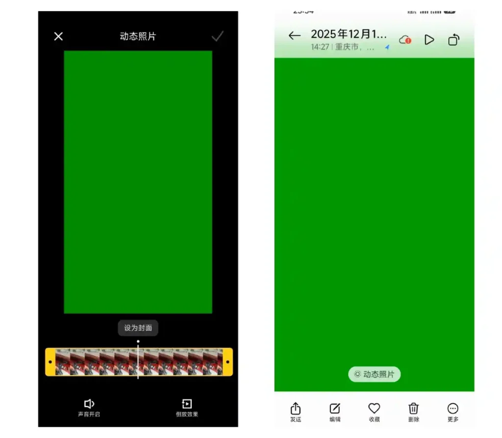نمونه‌ای از باگ دوربین شیائومی ۱۷ در رابط کاربری HyperOS؛ تصاویر ثبت شده به جای نمایش عکس اصلی، به صورت یک کادر سبز رنگ ظاهر می‌شوند.