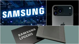 لوگوی اپل و سامسونگ در کنار تراشه حافظه LPDDR سامسونگ برای آیفون ۱۸