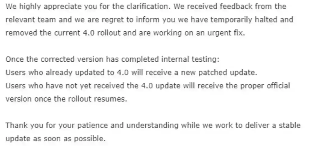 تصویر مکالمه یکی از کاربران با تیم پشتیبانی ناثینگ در مورد توقف انتشار NothingOS 4.0