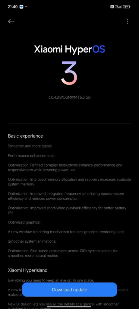 اسکرین شات آپدیت هایپراواس ۳ ردمی نوت ۱۴ مدل 4G