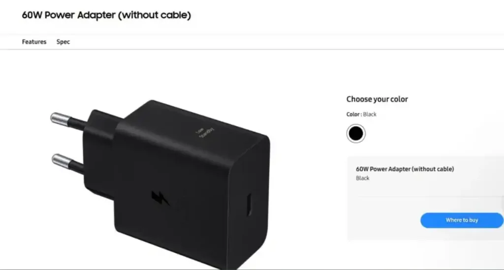 آداپتور جدید سامسونگ با شماره مدل EP-T6010 و توان خروجی 60 وات