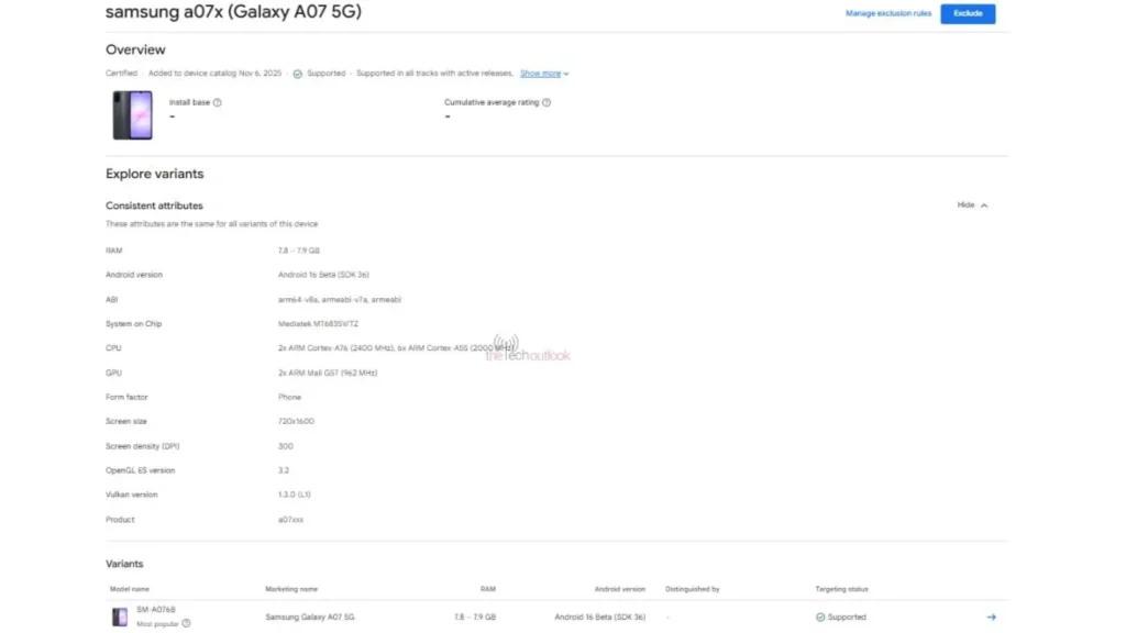 مشاهده مشخصات کامل گلکسی A07 5G در گوگل پلی کنسول؛ تایید تراشه مدیاتک، ۸ گیگابایت رم و اندروید ۱۶