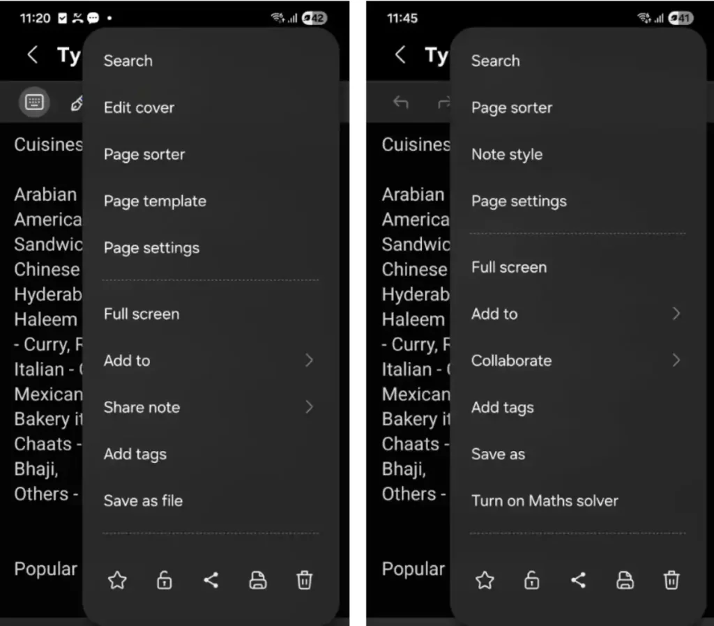 ظاهر شدن گزینه Maths solver روی گوشی S23 پس از نصب برنامه Samsung Notes نسخه 4.4.37.13
