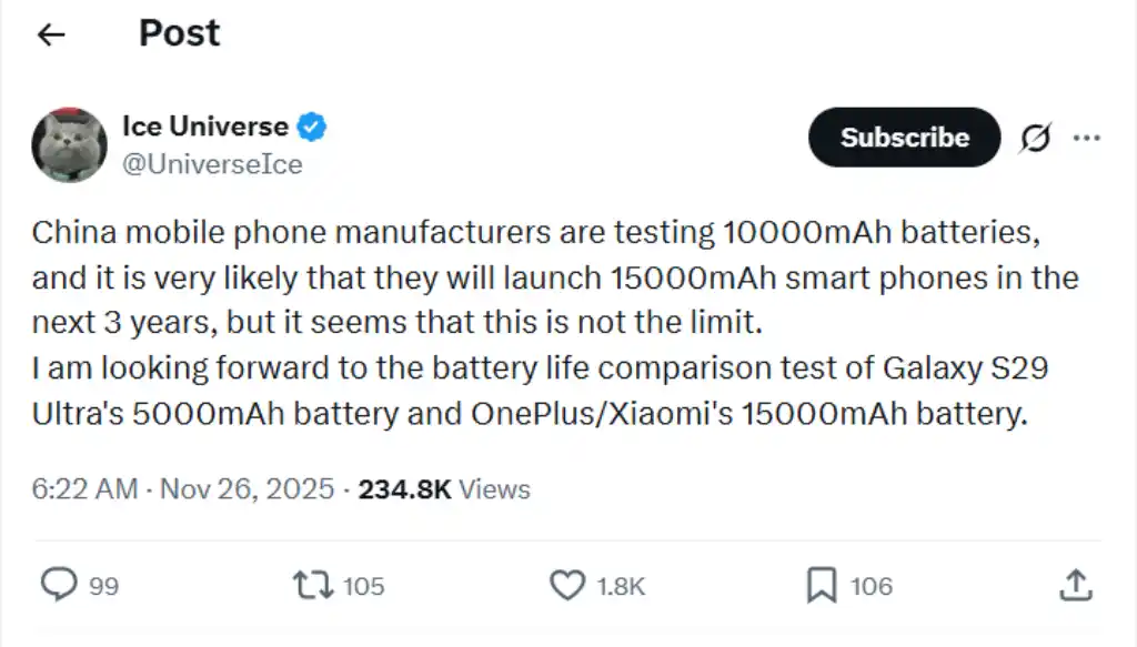 پیش‌بینی Ice Universe: تقابل باتری ۱۵۰۰۰ میلی‌آمپری چینی‌ها با ۵۰۰۰ سامسونگ در آینده.