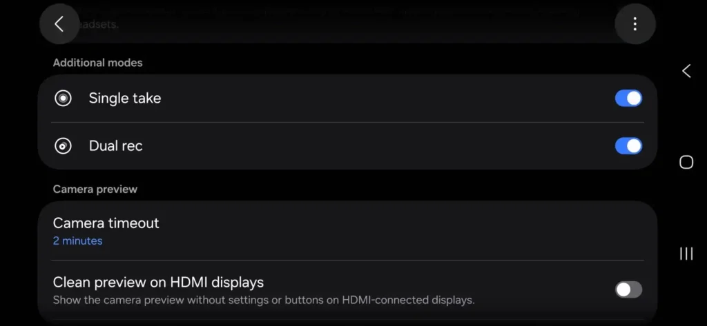 تنظیمات فعال‌سازی Single Take و Dual Rec 