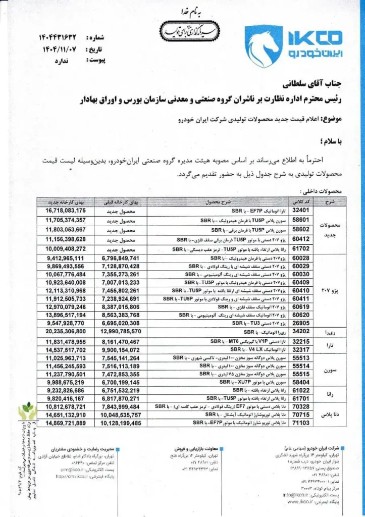 لیست قیمت محصولات ایران خودرو بهمن ۱۴۰۴