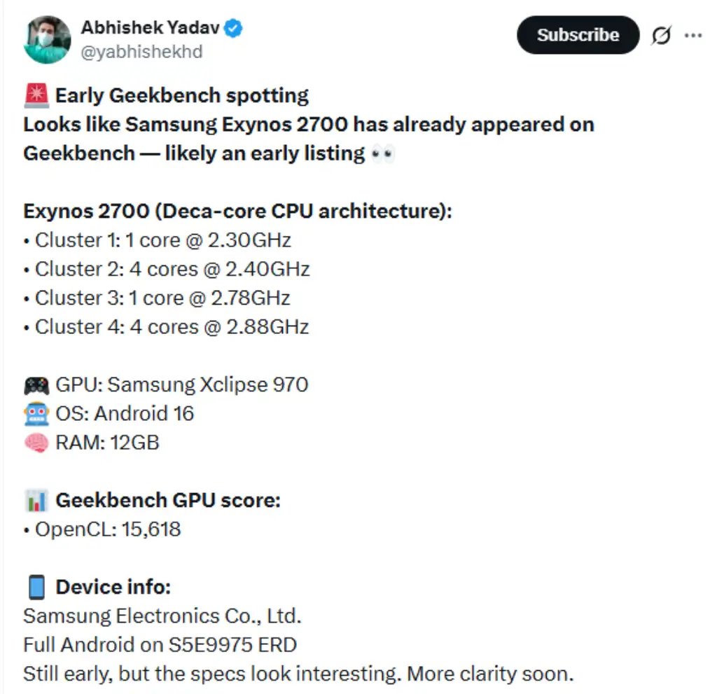 توییت Abhishek Yadav که جزئیات اولیه اگزینوس ۲۷۰۰ را فاش کرده است.