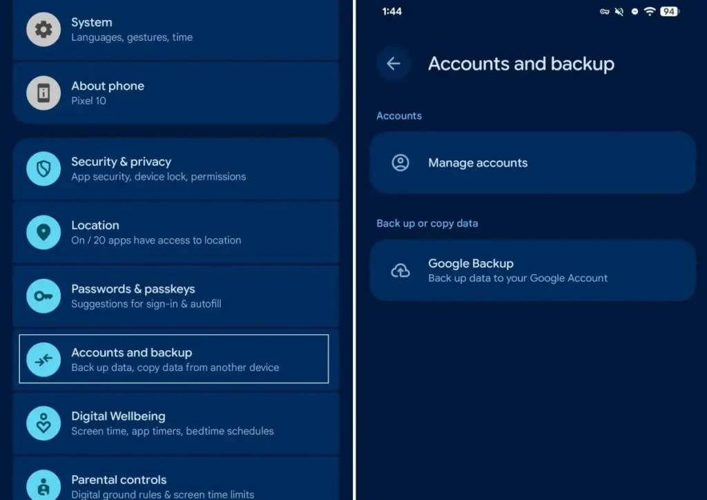 منوی «حساب‌ها و پشتیبان‌گیری» جدید