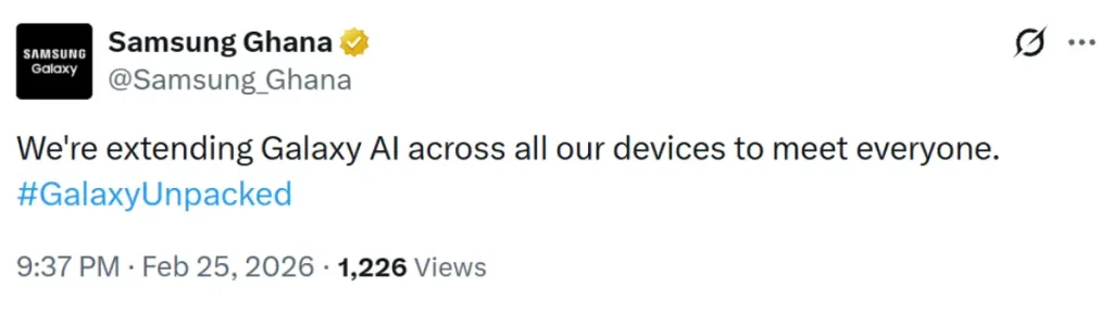 پست حساب رسمی سامسونگ غنا در ایکس درباره توسعه هوش مصنوعی