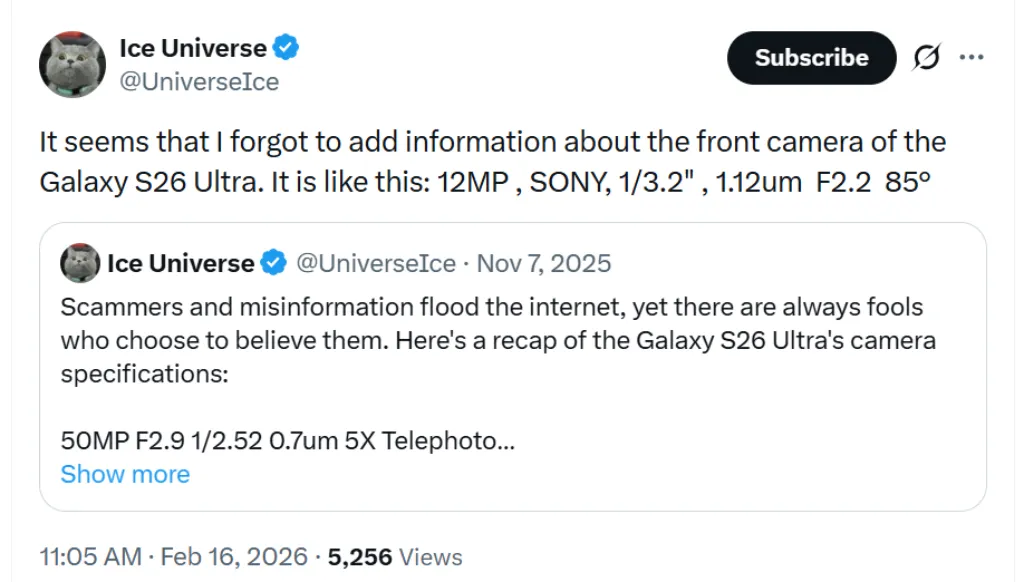 جزئیات دوربین سلفی گلکسی S26 اولترا سامسونگ