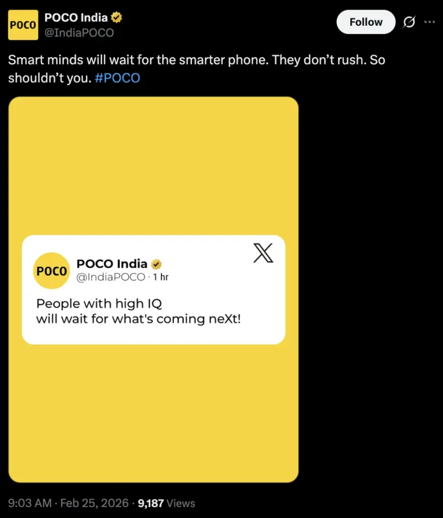 تصویر توییت پوکو هند که طعنه‌آمیز به رونمایی سری Galaxy S26 سامسونگ است