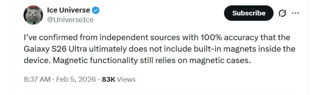 وابستگی گلکسی S26 به قاب‌های جانبی برای اتصال مغناطیسی