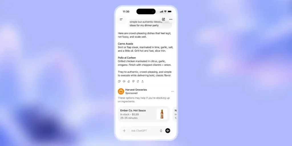 نحوه نمایش تبلیغات در پایین پاسخ‌های ChatGPT