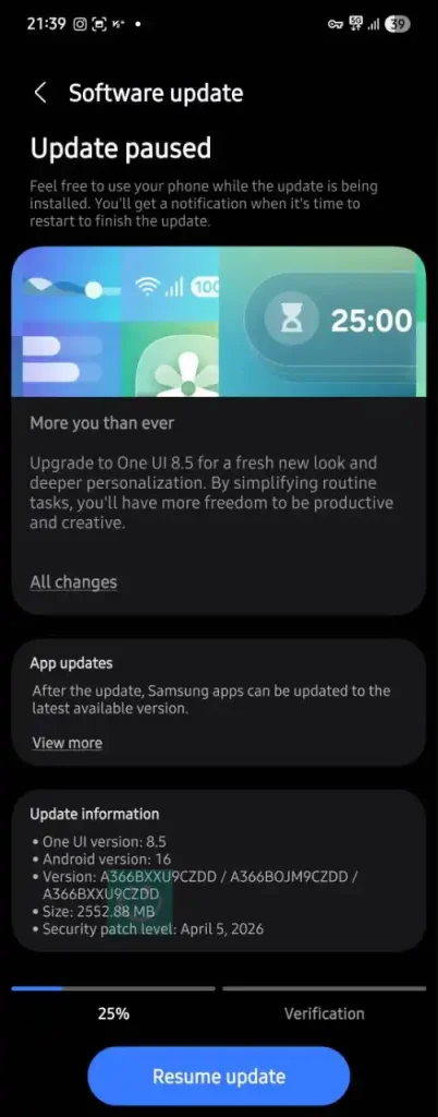 اسکرین شات آپدیت One UI 8.5 گلکسی A36 سامسونگ در ایران