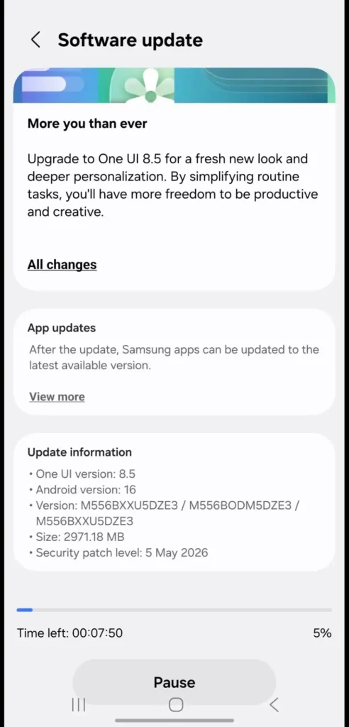 اسکرین شات آپدیت One UI 8.5 گلکسی M55 سامسونگ