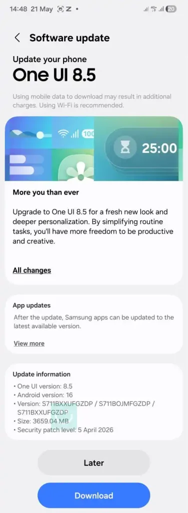 آپدیت One UI 8.5 گلکسی S23 FE سامسونگ در ایران - اسکرین شات ارسالی کاربران برای ترنجی
